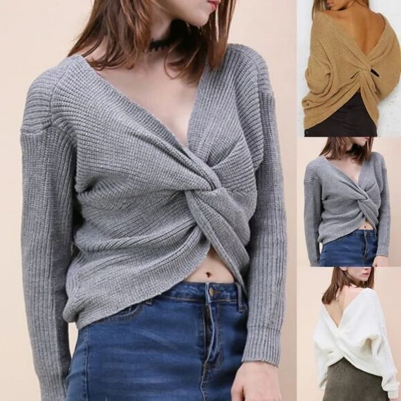 🔹️Miracle Gray Knit Twisted Long Sleeve Reversible Crop Sweater Medium - Picture 1 of 11
